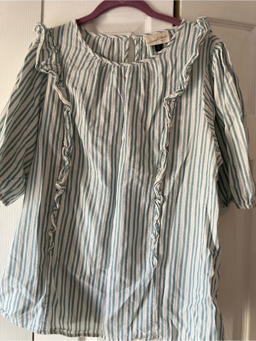 Universal Thread Blue and White Striped Ruffle Front Blouse